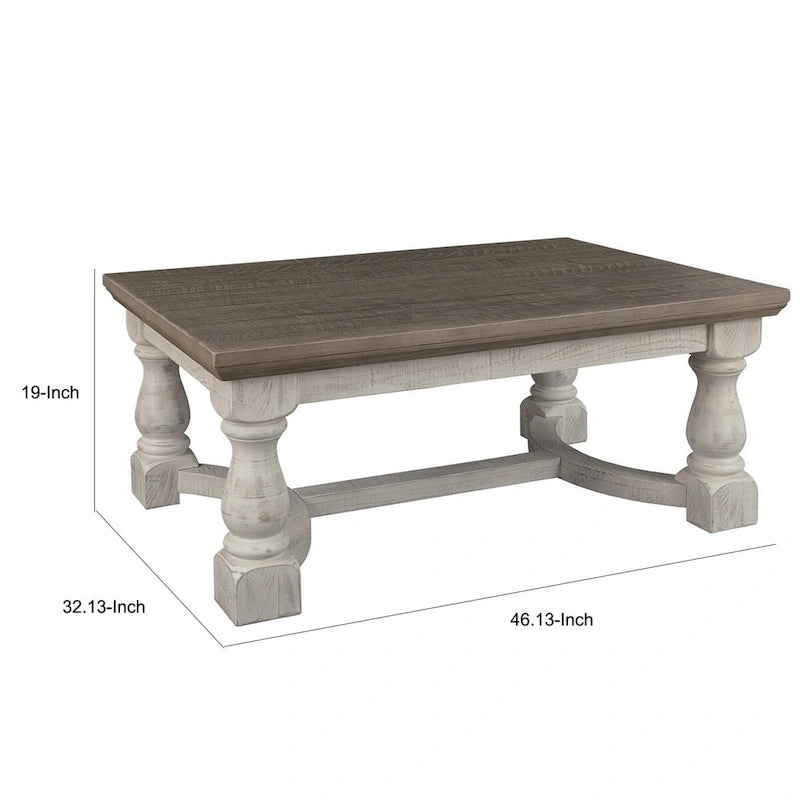 Table de cocktail rectangulaire en bois avec base à tréteaux, marron et blanc antique