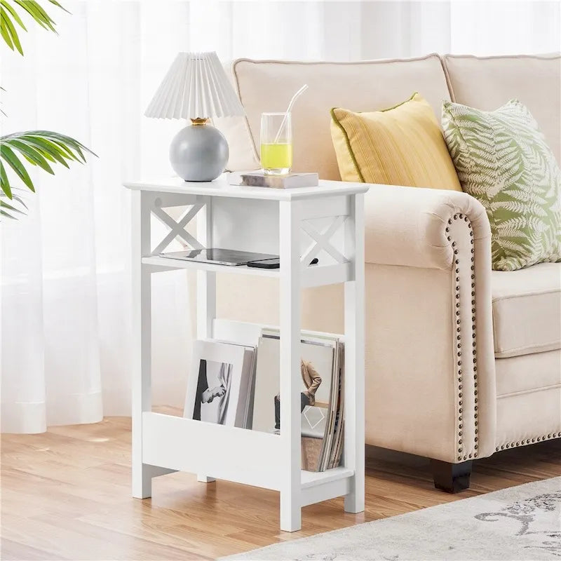 Table d'appoint de canapé moderne avec étagère de rangement, table d'appoint étroite à 3 niveaux, blanche