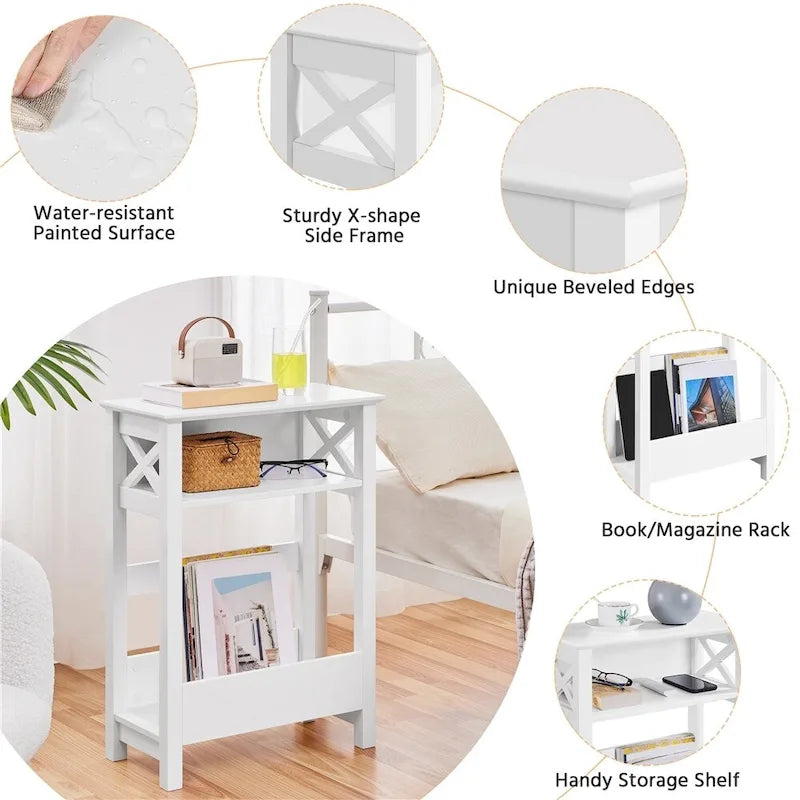Table d'appoint de canapé moderne avec étagère de rangement, table d'appoint étroite à 3 niveaux, blanche