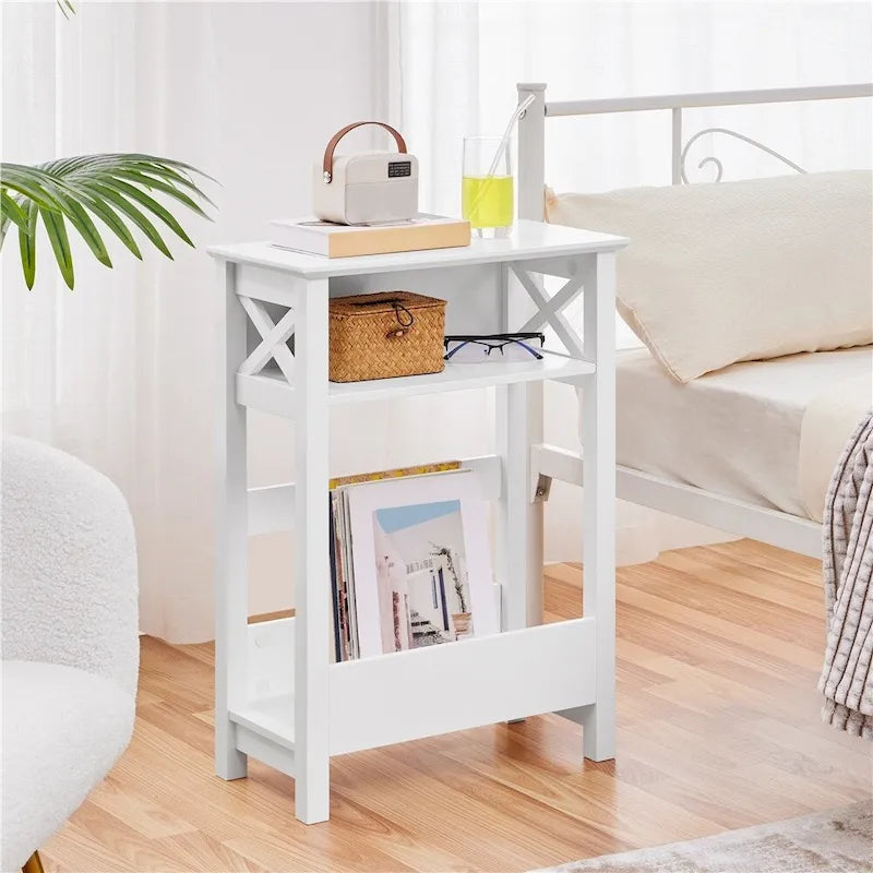 Table d'appoint de canapé moderne avec étagère de rangement, table d'appoint étroite à 3 niveaux, blanche