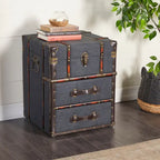 Meuble à 2 tiroirs en lin ou en similicuir ou table d'appoint avec plateau à charnières à boucle - Marron foncé ou bleu - Roche River Decor
