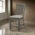 26 Inch Counter Height Chair Set of 2, Slat Back, Gray Wood, Fabric Seat