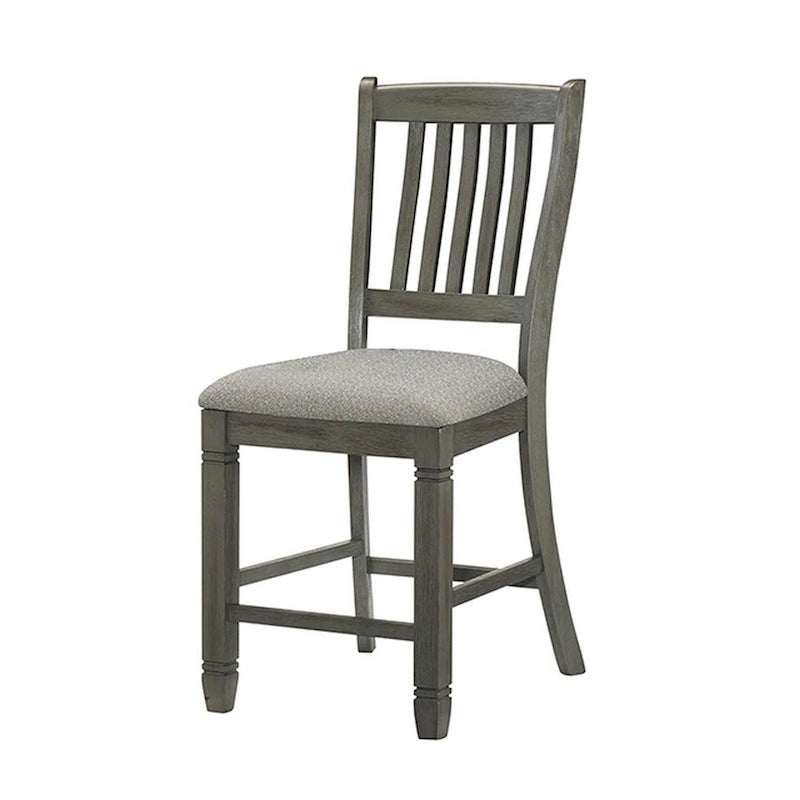 Chaise de 26 pouces de hauteur de comptoir, dossier à lattes, bois gris, siège en tissu