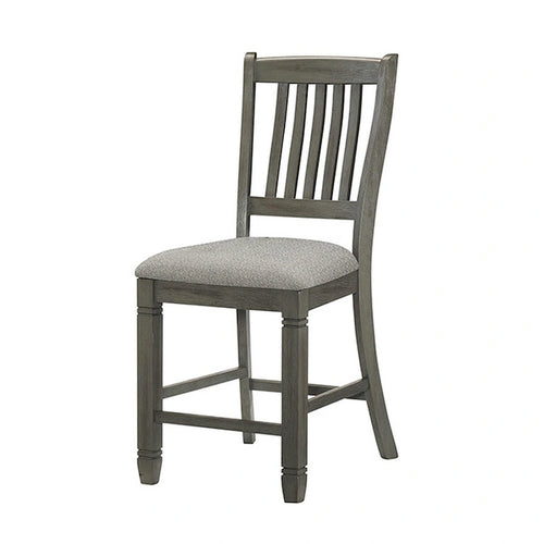 Chaise de 26 pouces de hauteur de comptoir, dossier à lattes, bois gris, siège en tissu