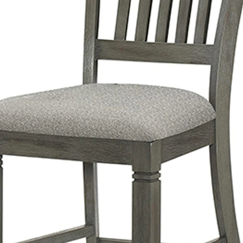 Chaise de 26 pouces de hauteur de comptoir, dossier à lattes, bois gris, siège en tissu