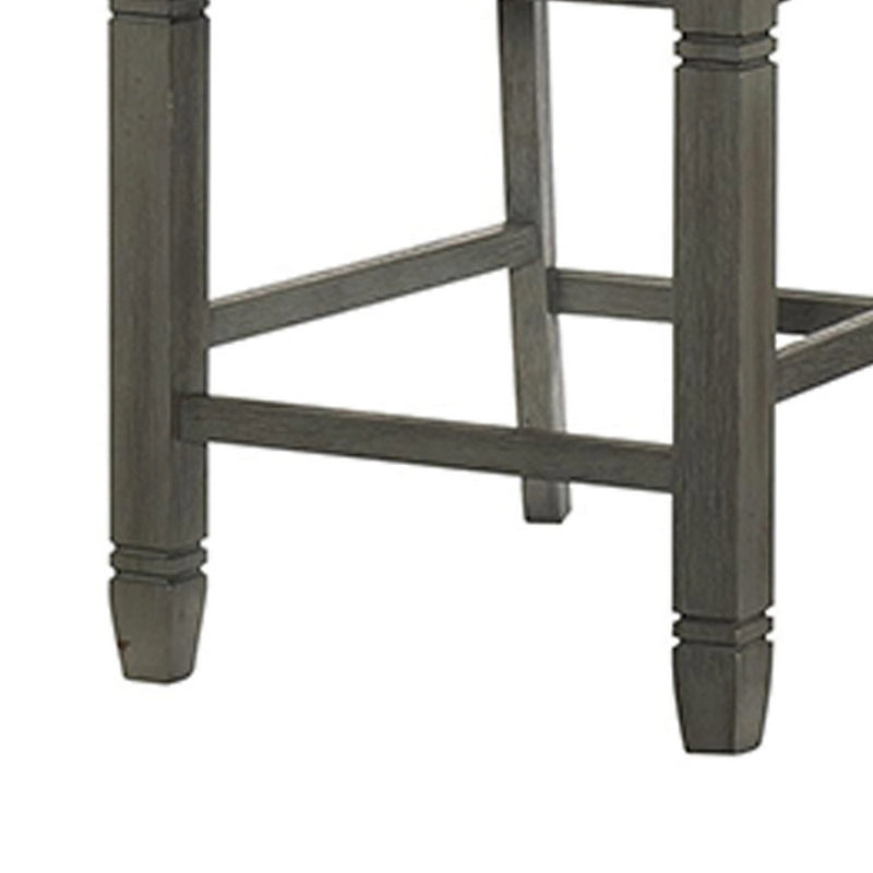 Chaise de 26 pouces de hauteur de comptoir, dossier à lattes, bois gris, siège en tissu