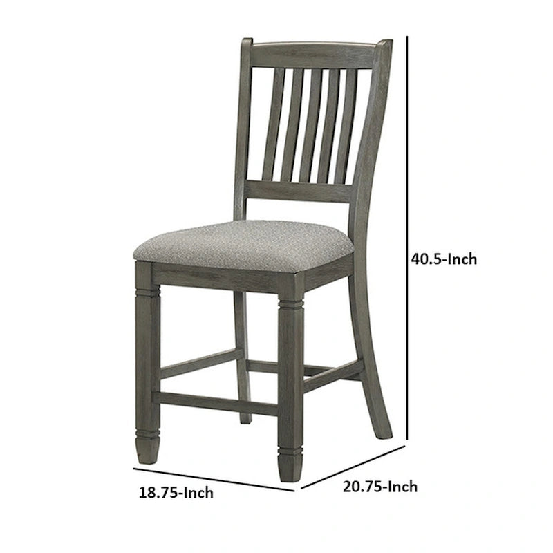 Chaise de 26 pouces de hauteur de comptoir, dossier à lattes, bois gris, siège en tissu