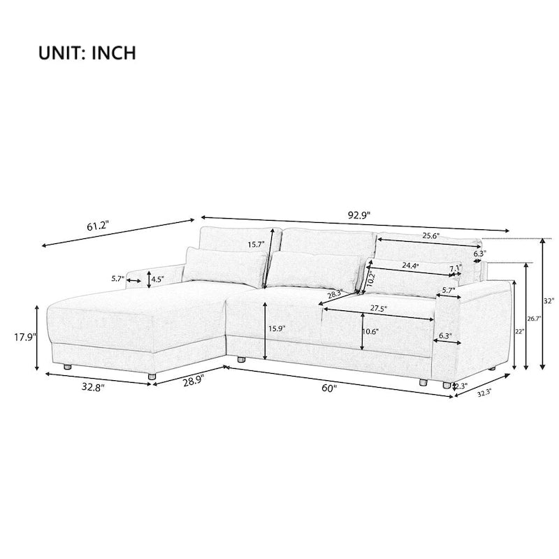 Canapé d'angle modulaire en forme de L avec coussins de dossier amovibles et 3 oreillers