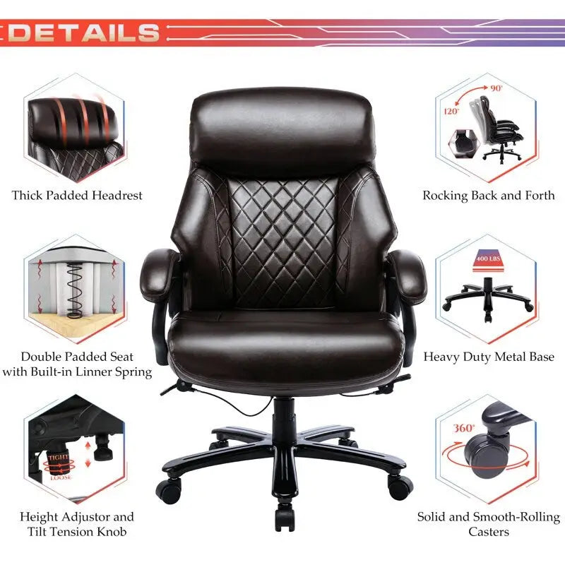 Fauteuil de bureau ergonomique grand dossier, grande taille, supporte 180 kg