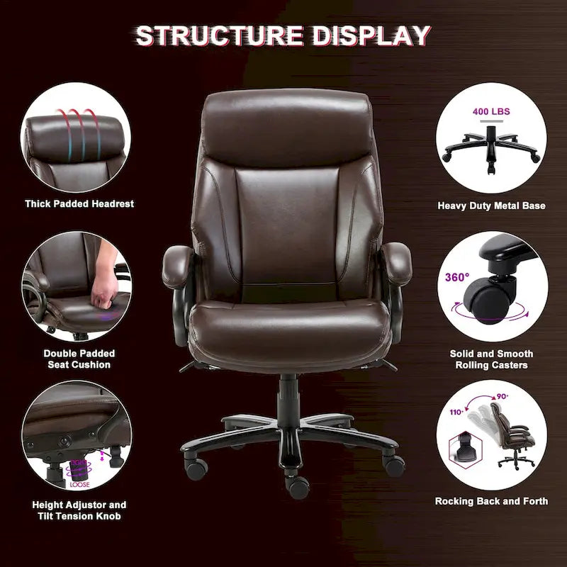 Fauteuil de bureau ergonomique grand dossier, grande taille, supporte 180 kg