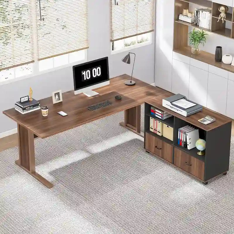 Bureau d'ordinateur exécutif en L de 63 pouces avec armoire de rangement mobile pour le bureau à domicile ou l'étude