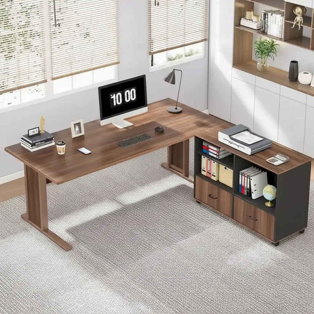 63 L Shaped Executive Computer Desk with Mobile File Storage Cabinet for Home Office Study