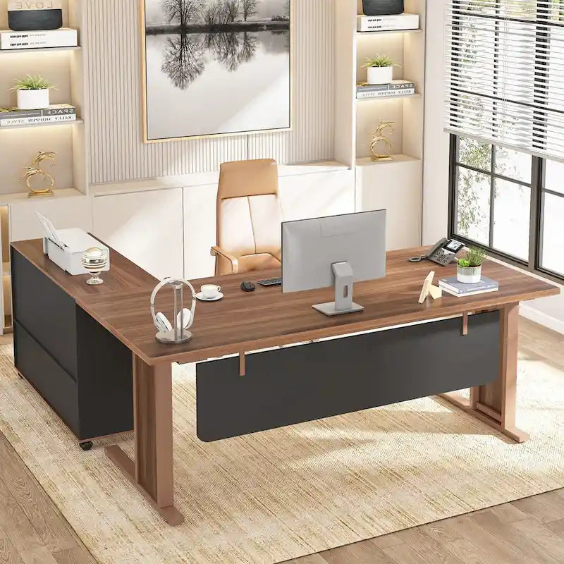 Bureau d'ordinateur exécutif en L de 63 pouces avec armoire de rangement mobile pour le bureau à domicile ou l'étude