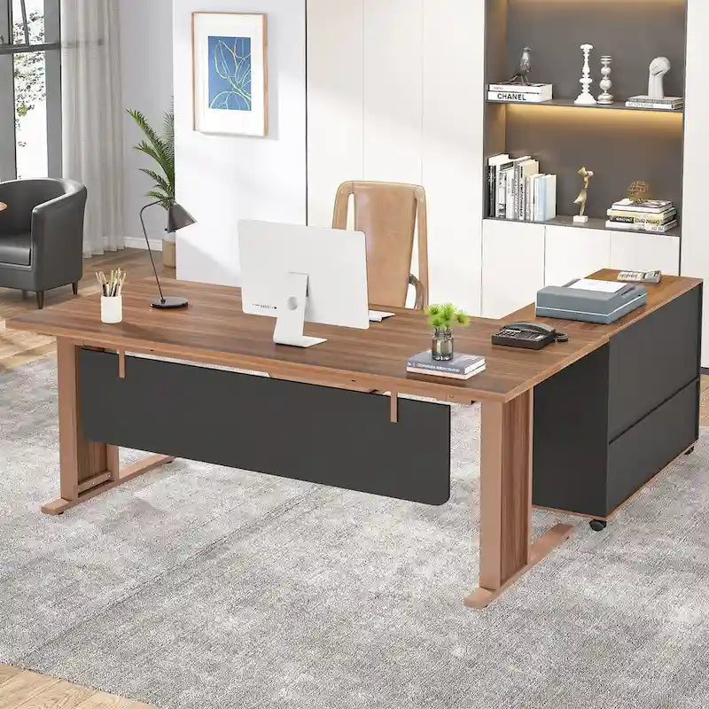 Bureau d'ordinateur exécutif en L de 63 pouces avec armoire de rangement mobile pour le bureau à domicile ou l'étude