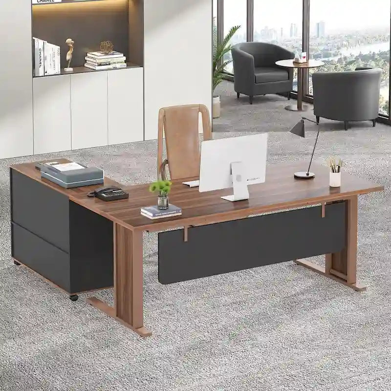 Bureau d'ordinateur exécutif en L de 63 pouces avec armoire de rangement mobile pour le bureau à domicile ou l'étude