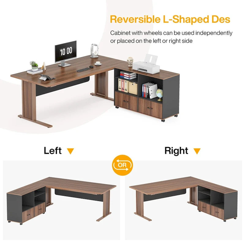 Bureau d'ordinateur exécutif en L de 63 pouces avec armoire de rangement mobile pour le bureau à domicile ou l'étude