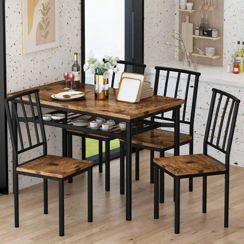 Table à manger moderne de style industriel pour 4 personnes, table et chaises de cuisine en bois, table de salle à manger avec étagère de rangement