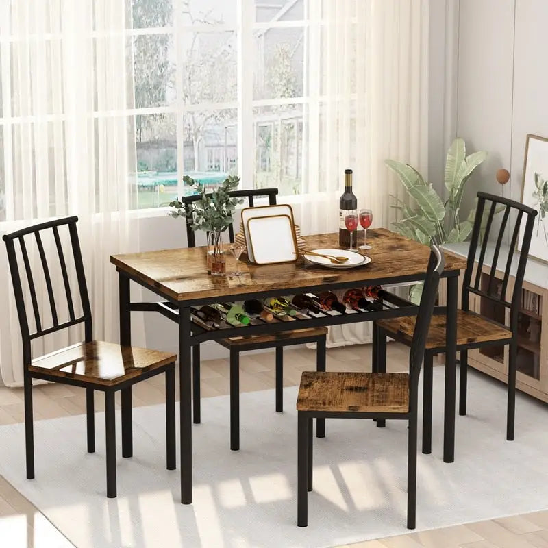 Table à manger moderne de style industriel pour 4 personnes, table et chaises de cuisine en bois, table de salle à manger avec étagère de rangement