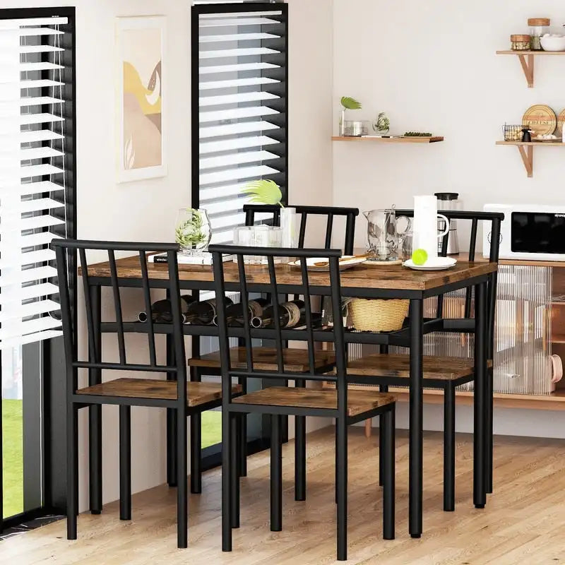 Table à manger moderne de style industriel pour 4 personnes, table et chaises de cuisine en bois, table de salle à manger avec étagère de rangement
