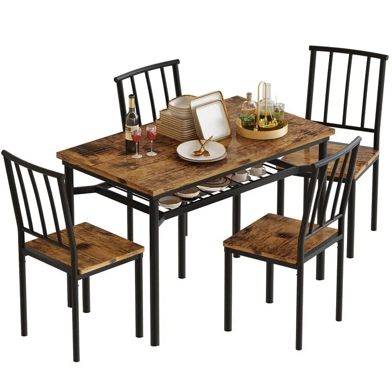 Table à manger moderne de style industriel pour 4 personnes, table et chaises de cuisine en bois, table de salle à manger avec étagère de rangement