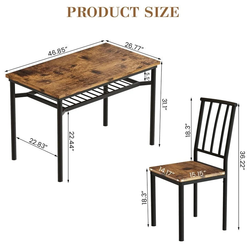 Table à manger moderne de style industriel pour 4 personnes, table et chaises de cuisine en bois, table de salle à manger avec étagère de rangement