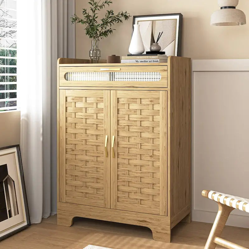 Meuble bas moderne avec tiroir et étagère réglable, buffet de rangement style porte de grange pour cuisine, salle à manger, salle de bain, entrée