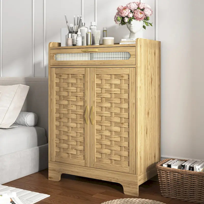 Meuble bas moderne avec tiroir et étagère réglable, buffet de rangement style porte de grange pour cuisine, salle à manger, salle de bain, entrée