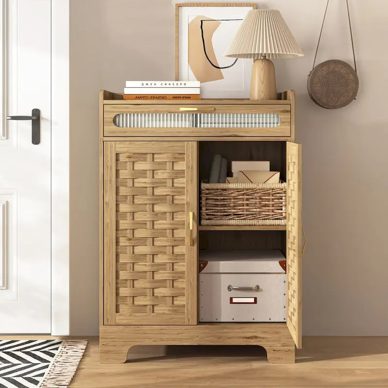 Meuble bas moderne avec tiroir et étagère réglable, buffet de rangement style porte de grange pour cuisine, salle à manger, salle de bain, entrée