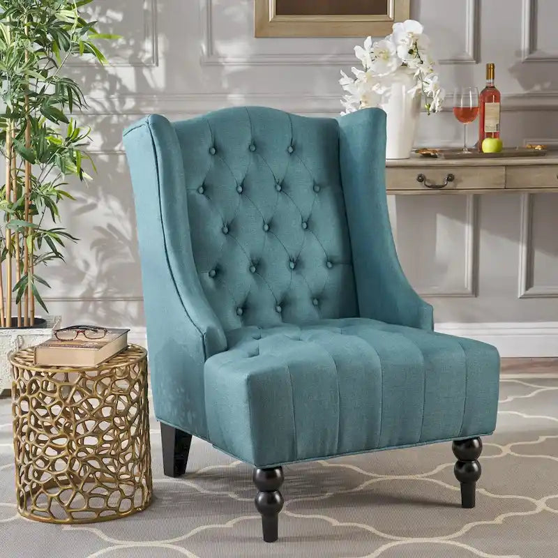 Fauteuil club capitonné contemporain à oreilles, fauteuil club à dossier haut avec pieds en bois
