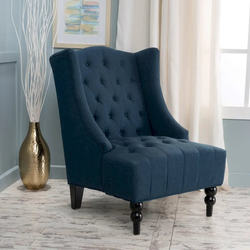 Fauteuil club capitonné contemporain à oreilles, fauteuil club à dossier haut avec pieds en bois