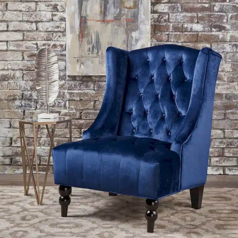 Fauteuil club capitonné contemporain à oreilles, fauteuil club à dossier haut avec pieds en bois